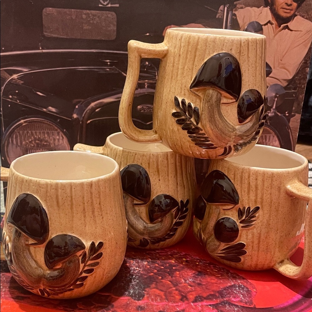 Vintage Mushroom Ceramic Mugs Set - Brown and Black